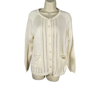 National Cardigan Sweater Womens PM Ivory Crochet Trim Pockets Button Up